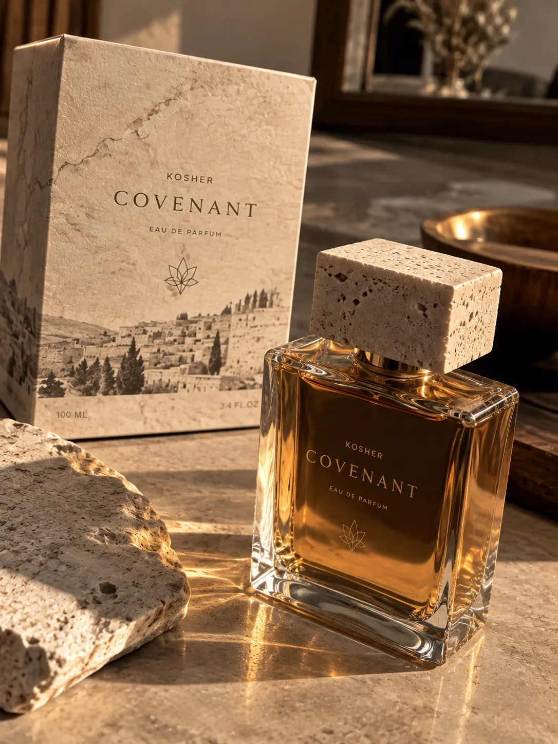 The Covenant bottle on warm stone in low sunlight, its amber liquid glowing